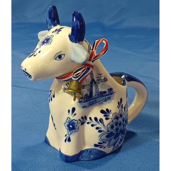 Vtg Hand-Painted Delft Blue Dutch Cow Creamer Pitcher W/ Windmill Floral Design